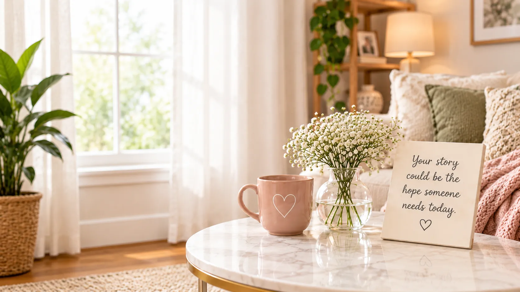 A framed card reading ‘Your story could be the hope someone needs today’, beside a heart mug and a vase of gypsophila on a side table.